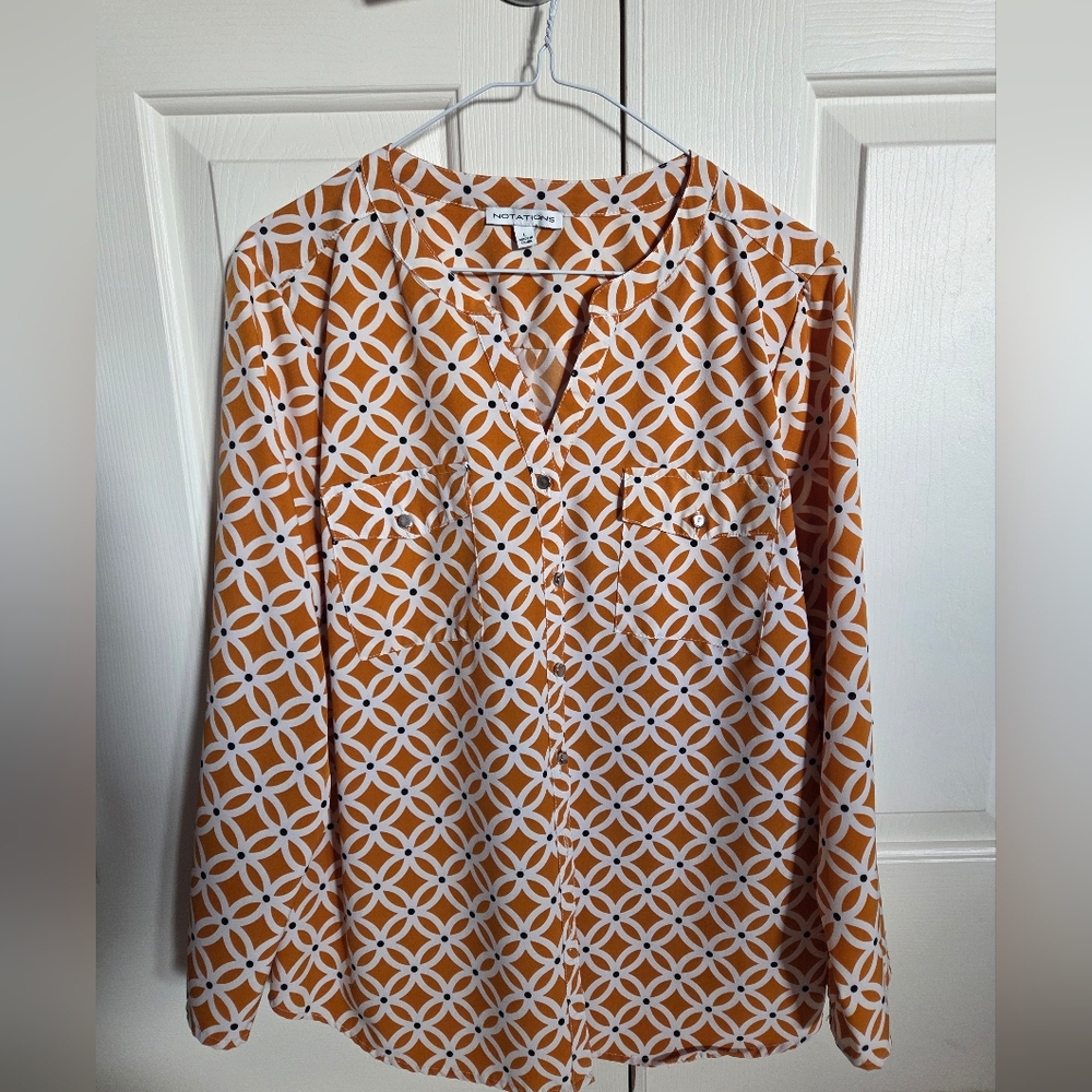 Notations Orange and White Geometric Blouse With Roll Up Button Sleeve Option